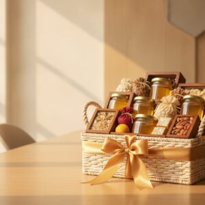 Corporate gift hamper basket with ghee jars and sweets