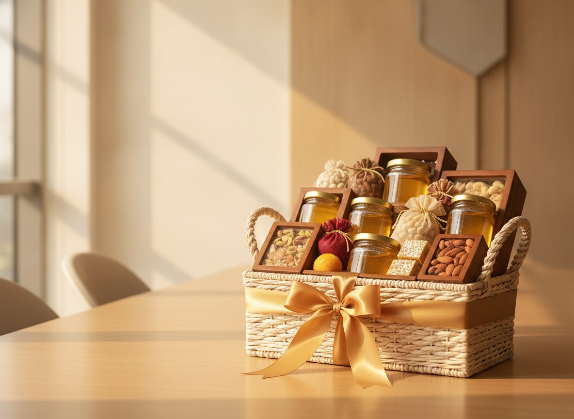 Corporate gift hamper basket with ghee jars and sweets