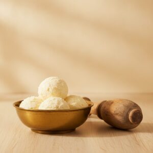 Hand-churned white butter in a brass bowl