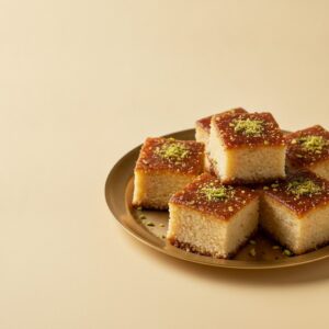 Milk cake pieces on a brass plate